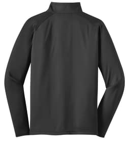 A black Sport-Tek Sport-Wick Stretch 1/2-Zip Pullover with long sleeves and a high collar, featuring a logo.