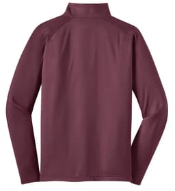 A maroon Sport-Tek Sport-Wick Stretch 1/2-Zip Pullover with a high collar and long sleeves. Features a branding logo.