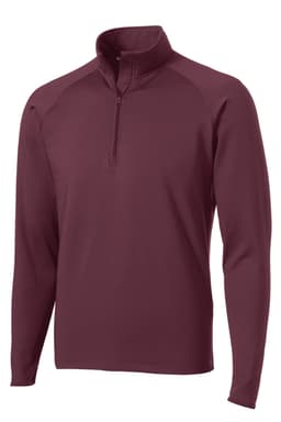 A maroon Sport-Tek Sport-Wick Stretch 1/2-Zip Pullover with long sleeves and a zip collar. Features a logo.