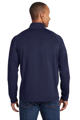 A navy Sport-Tek Sport-Wick Stretch 1/2-Zip Pullover with a branding logo, view from the back.