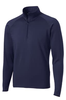 A navy blue Sport-Tek Sport-Wick Stretch 1/2-zip pullover with long sleeves and a logo.