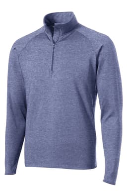 A blue Sport-Tek Sport-Wick Stretch 1/2-zip pullover with long sleeves and a collar. Includes a logo.