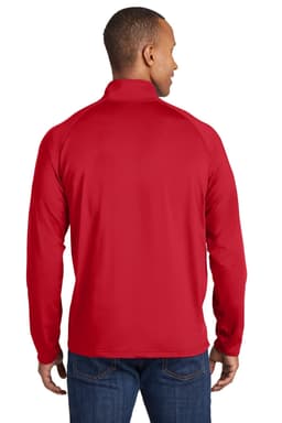 A red Sport-Tek Sport-Wick Stretch 1/2-Zip Pullover viewed from the back, featuring a logo on the upper back.