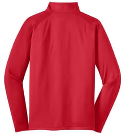 A red Sport-Tek Sport-Wick Stretch 1/2-Zip Pullover with a smooth back design and long sleeves. Features a logo.