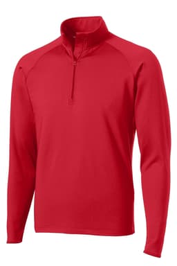 A red Sport-Tek Sport-Wick Stretch 1/2-Zip Pullover with long sleeves and a zippered collar.
