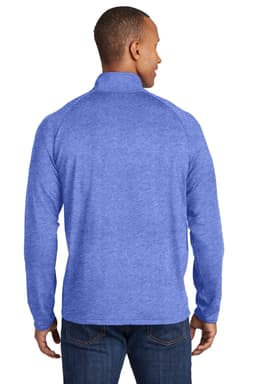 A blue Sport-Tek Sport-Wick Stretch 1/2-Zip Pullover displayed from the back, featuring long sleeves and a collar.