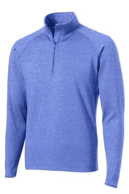 A blue Sport-Tek Sport-Wick Stretch 1/2-zip pullover featuring long sleeves and a high collar, with a logo on it.