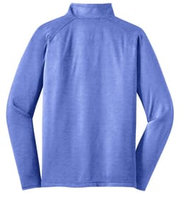 A blue Sport-Tek Sport-Wick Stretch 1/2-Zip Pullover with long sleeves and a collar, featuring a logo.