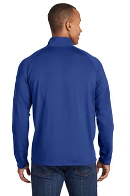 A blue Sport-Tek Sport-Wick Stretch 1/2-zip pullover, featuring a logo and shown from the back.