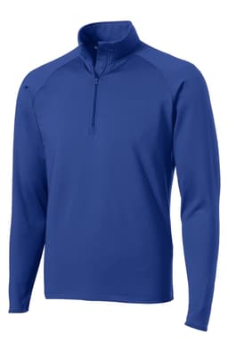 A blue Sport-Tek Sport-Wick Stretch 1/2-zip pullover with long sleeves and a logo.