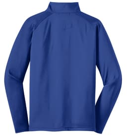 A blue Sport-Tek Sport-Wick Stretch 1/2-Zip Pullover with a high collar and long sleeves, featuring a logo.