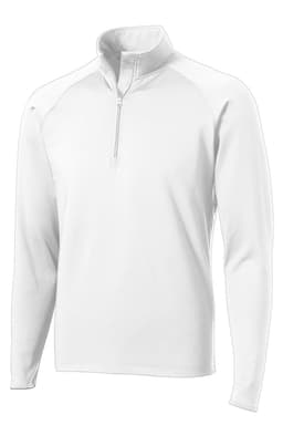 A white 1/2-zip pullover featuring long sleeves and a sports logo. Made from stretch fabric for comfort.