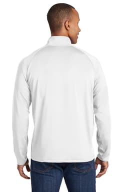 A white Sport-Tek Sport-Wick Stretch 1/2-Zip Pullover with a logo, viewed from the back on a person.