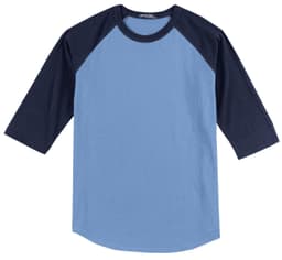 A blue and navy Sport-Tek Colourblock Raglan Jersey with three-quarter sleeves and a logo on the neck.