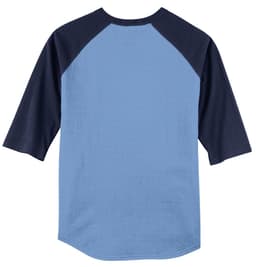 A blue and navy Sport-Tek Colorblock Raglan Jersey with three-quarter sleeves and a rear view. It features a logo.