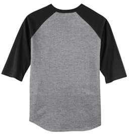 A grey and black Sport-Tek Colorblock Raglan Jersey shirt with three-quarter sleeves and a logo on the back.