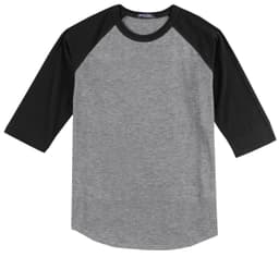 A grey and black Sport-Tek Colourblock Raglan Jersey shirt with three-quarter sleeves and a logo.