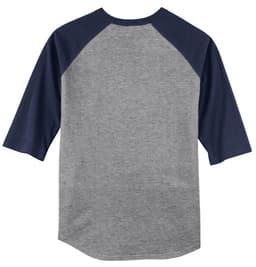 A grey and navy Sport-Tek Colorblock Raglan Jersey with three-quarter sleeves, featuring a logo on the back.