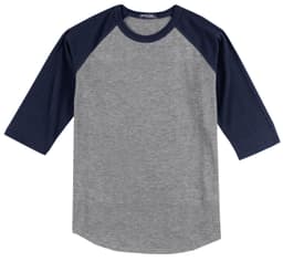 A grey and navy blue Sport-Tek Colourblock Raglan Jersey with three-quarter sleeves and a logo.