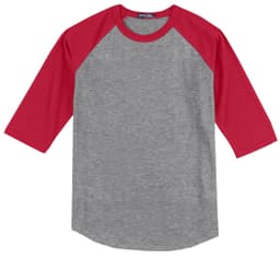 A grey T-shirt with red raglan sleeves and a logo on the collar.