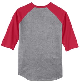 A grey shirt with red raglan sleeves and a crew neckline. The back view features a plain design and a logo.