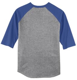 A grey t-shirt with blue raglan sleeves, featuring a round neck and three-quarter length sleeves, along with a logo.