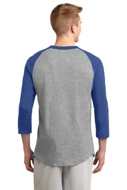 A grey and blue Sport-Tek Colourblock Raglan Jersey with three-quarter sleeves, featuring a logo on the back.