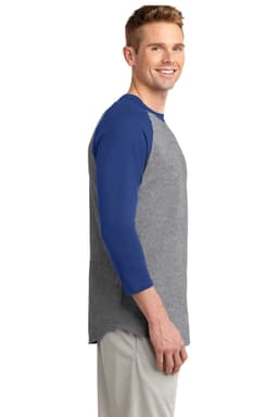 A grey and blue Sport-Tek Colorblock Raglan Jersey featuring three-quarter sleeves and a casual fit.