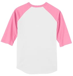 A white jersey with pink raglan sleeves, featuring a logo on the front.