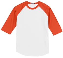 A white t-shirt with orange raglan sleeves and a logo on the label.