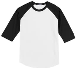 A black and white Sport-Tek Colorblock Raglan Jersey with three-quarter sleeves and a logo.