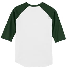 A white and dark green sport t-shirt featuring a colourblock design and raglan sleeves. It has a logo on it.