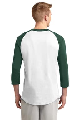 A person wearing a white Sport-Tek Colorblock Raglan Jersey with green sleeves, viewed from the back. Features a logo.
