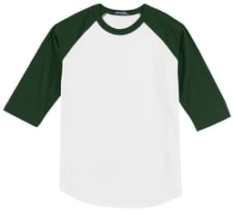 A green and white Sport-Tek Colorblock Raglan Jersey with three-quarter sleeves and a logo on the front.