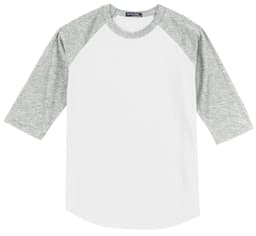 A white t-shirt with grey raglan sleeves, featuring a logo on the neckline.
