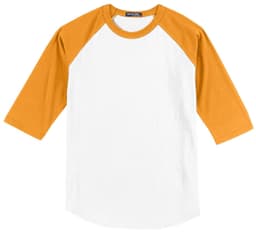 A Sport-Tek Colourblock Raglan Jersey featuring white body and mustard yellow sleeves. Includes a logo.