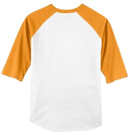A Sport-Tek Colourblock Raglan Jersey featuring white and orange colours with three-quarter sleeves and no visible branding.