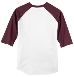 A maroon and white Sport-Tek Colorblock Raglan Jersey with ¾ sleeves, featuring a logo on the front.