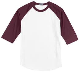 A maroon and white Sport-Tek colourblock raglan jersey with three-quarter sleeves and a logo.