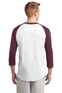 A man in a white and maroon Sport-Tek Colourblock Raglan Jersey with three-quarter sleeves, viewed from the back.