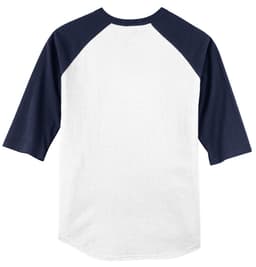 A white and navy Sport-Tek Colorblock Raglan Jersey with three-quarter sleeves and a logo on the back.