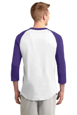 A t-shirt featuring a white body with purple raglan sleeves, displayed from the back. Includes a logo.