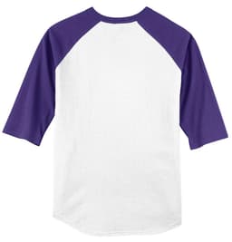 A white shirt featuring purple three-quarter raglan sleeves and a plain back, with a branding logo.