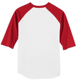 A red and white Sport-Tek Colorblock Raglan Jersey featuring a classic three-quarter sleeve design and a logo.