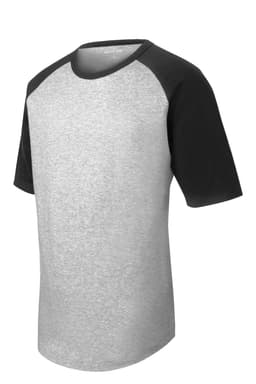 A short sleeve colourblock raglan jersey featuring a grey body and black sleeves, with a logo on the front.