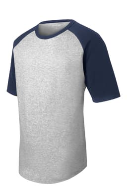 A grey and navy short sleeve colourblock raglan jersey featuring a logo on the sleeve.