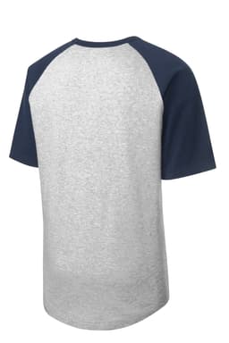 A short sleeve colourblock raglan jersey in grey with navy sleeves. Features a logo on the back.