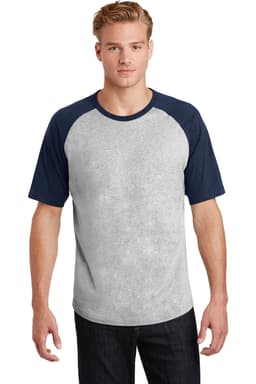 A grey short sleeve T-shirt with navy blue raglan sleeves and a small logo on the chest.