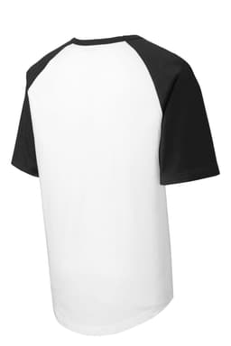 A short sleeve jersey featuring a white body with black raglan sleeves and a logo on the back.
