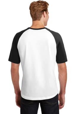 A short sleeve colourblock raglan jersey featuring a white body and black sleeves, displaying a logo on the back.